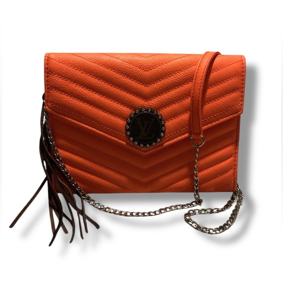 Upcycled Handbags - Orange Crossbody Bag with Chain Strap
